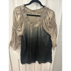 Dylan Blouse Taupe Ombre Silk Blend Eyelet Embroidered Boho Smocked Top